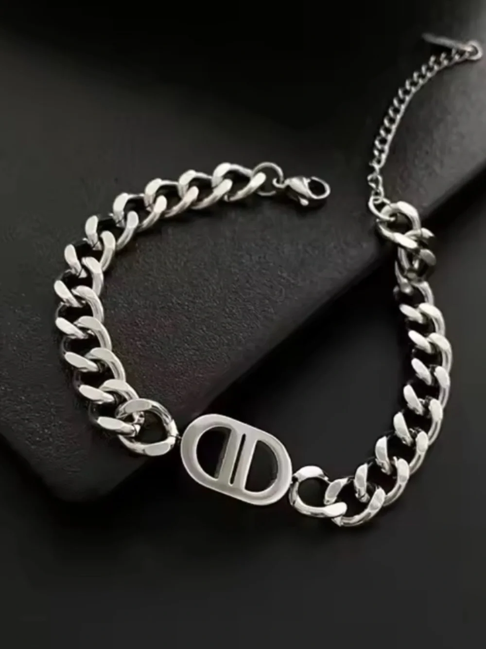 Silver Cuban Link Bracelet with Oval Emblem